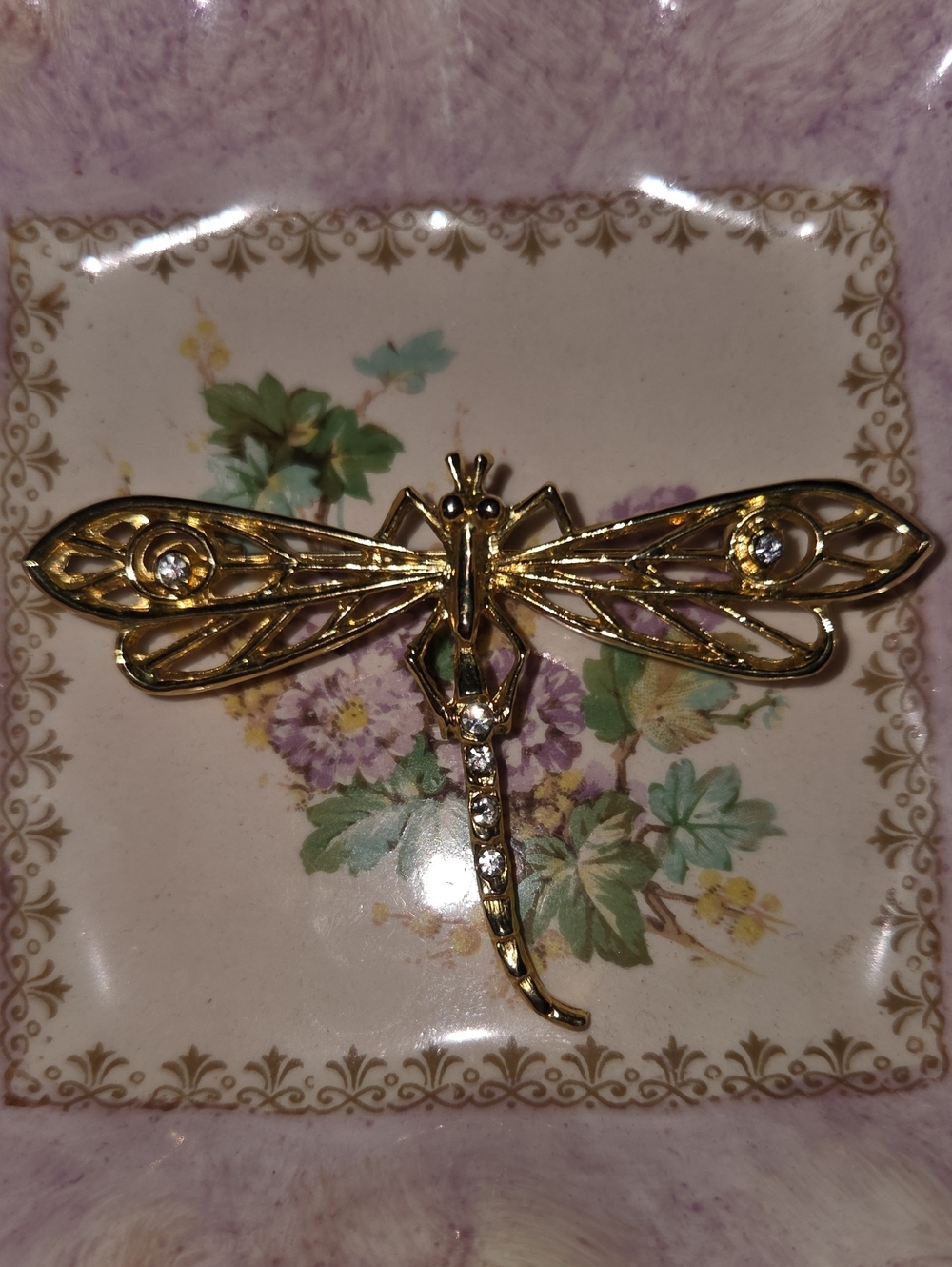 Gold Dragonfly Brooch with Clear Rhinestones